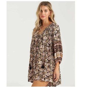 Billabong Boho Floral Mini Dress Flowy Bead Tassels Gypsy Festival Beach Sz M